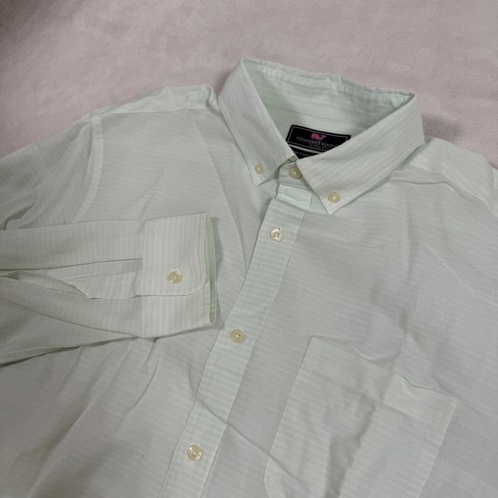 Vineyard Vine Slim Longshore Shirt Men Medium Mint Green Stripe Cotton Button Up